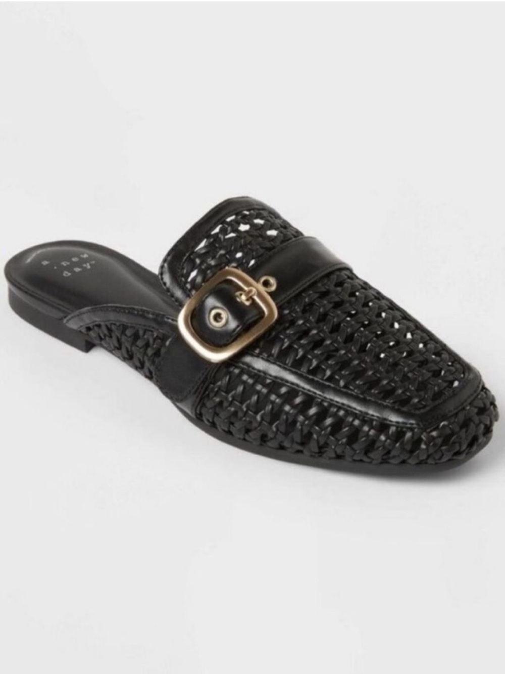 a new day Black Woven Mule Slides with Gold Buckle Accent